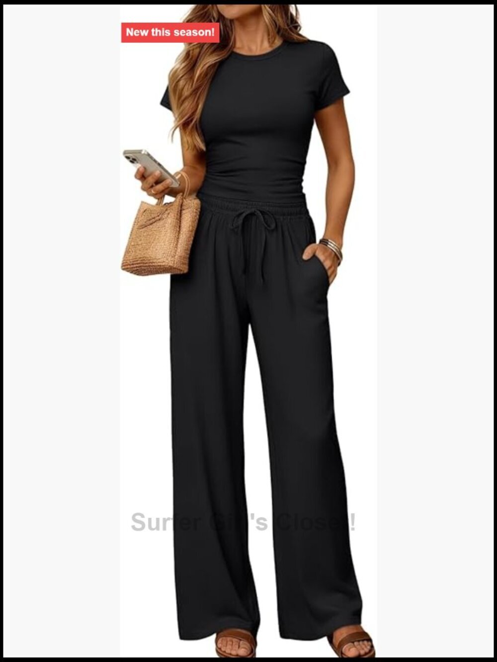 Rayon Spandex Two Piece Lounge Set Wide Leg Pants Drawstring Waist